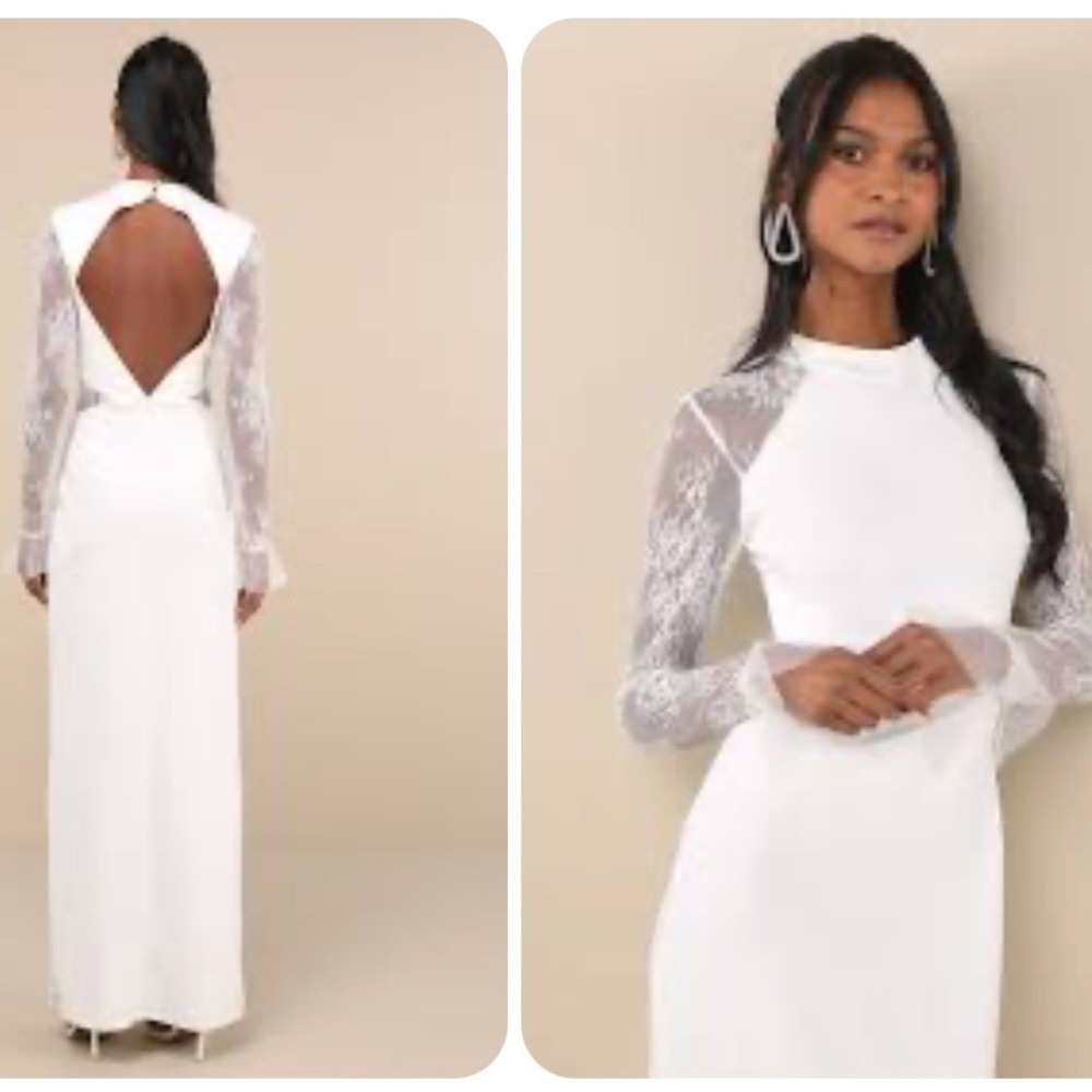 Lulu's White Lace-Sleeve Open-Back Wedding Dress
